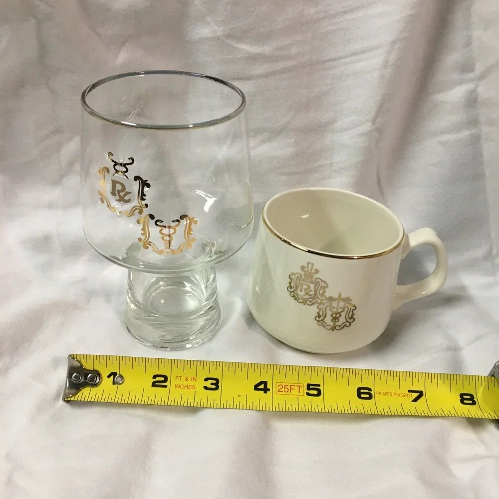 DOCTOR PHARMACIST Apothecary CADUCEUS RX GOLD RIM Coffee Cup‎ and Glass Set